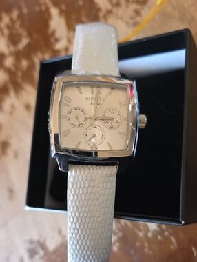 Invicta Angel White Dial Silver-Tone Case Watch with White Leather Strap